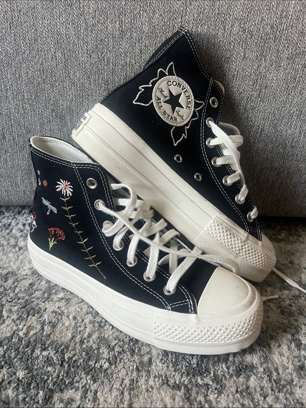 Converse Black High-Top Platform Sneakers with Floral Embroidery